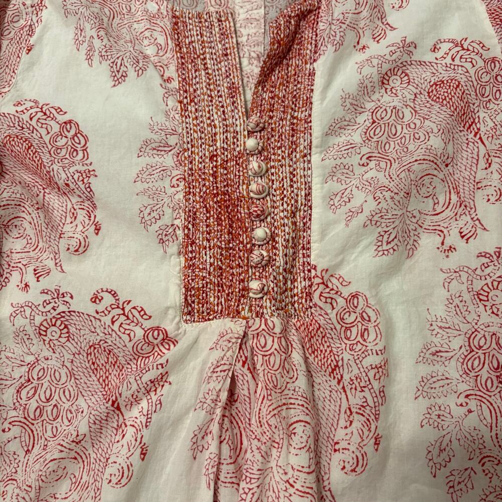 Anokhi Jaipur Block Print Cotton Tunic Top Boho Pintuck Button Front est. sz M - Picture 2 of 7